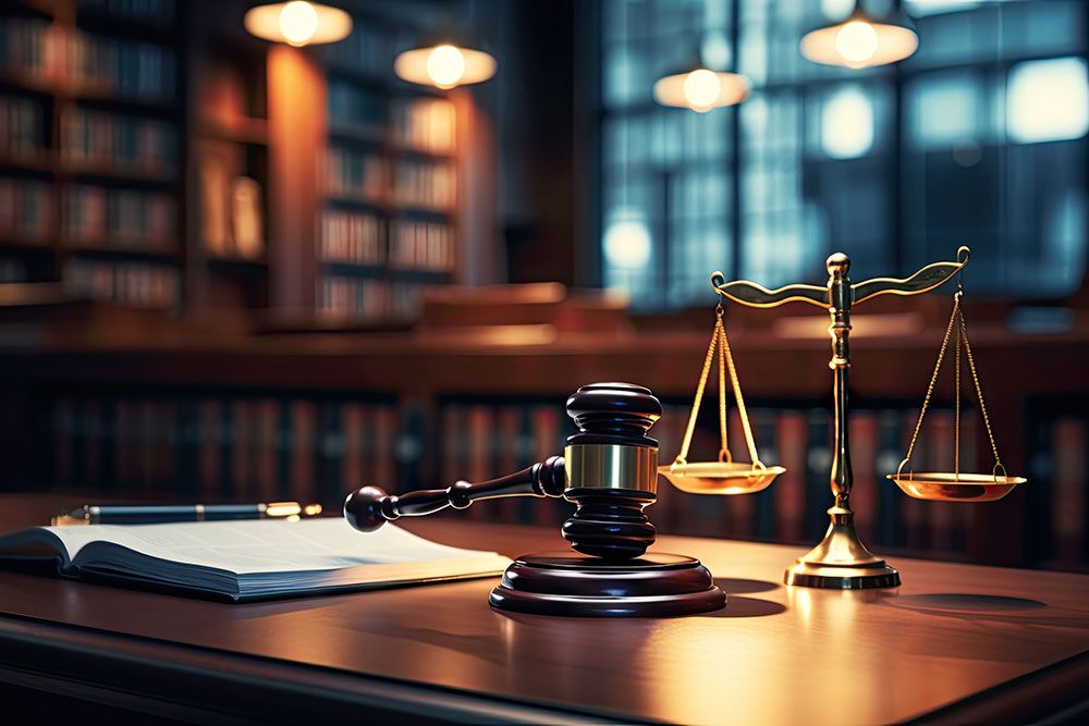 Judge's gavel and scales of justice on a law book in a dimly lit library.