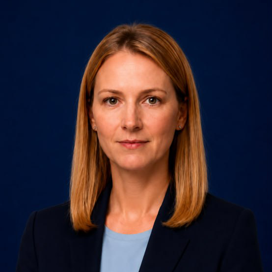 Professional woman in a business suit with long hair, standing confidently in an office setting.